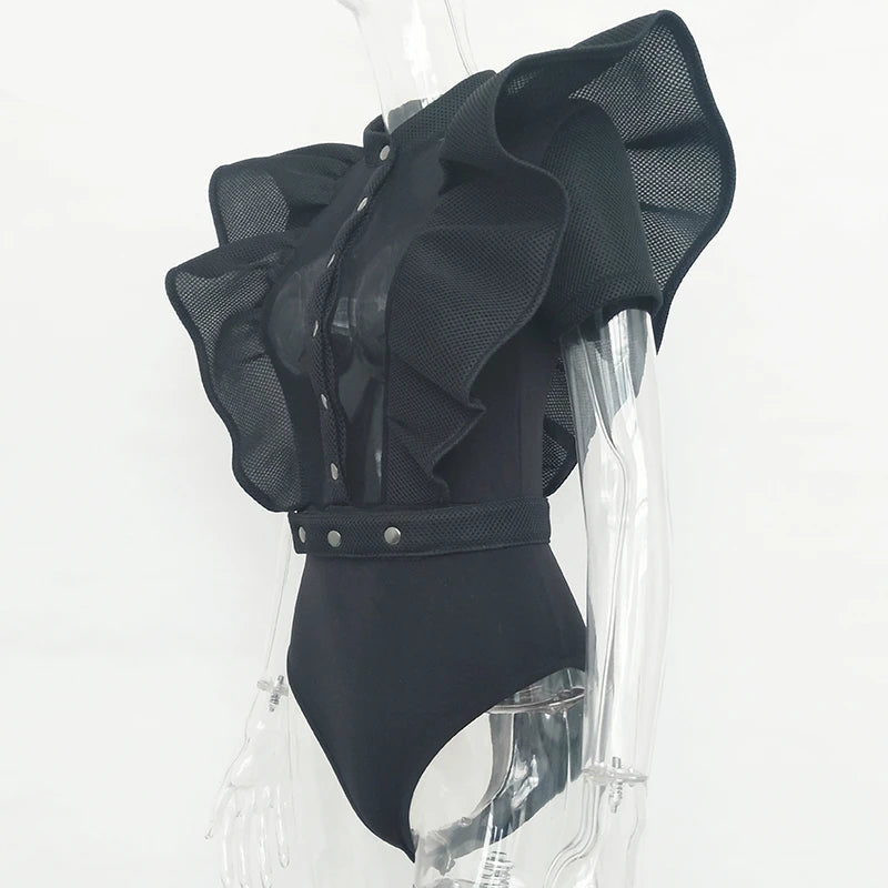 WW | Freizeit schwarzes Rüschenschnitt Ausschnitt Kurzarm Frauen Bodysuit Top