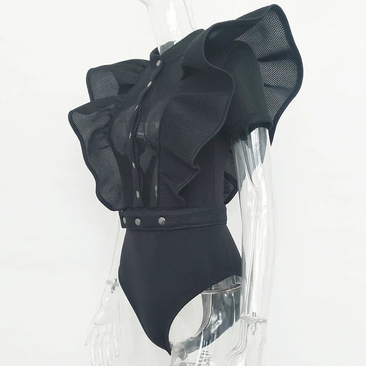 W&W Mode | Freizeit schwarzes Rüschenschnitt Ausschnitt Kurzarm Frauen Bodysuit Top