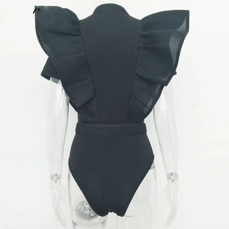WW | Freizeit schwarzes Rüschenschnitt Ausschnitt Kurzarm Frauen Bodysuit Top
