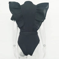WW | Freizeit schwarzes Rüschenschnitt Ausschnitt Kurzarm Frauen Bodysuit Top