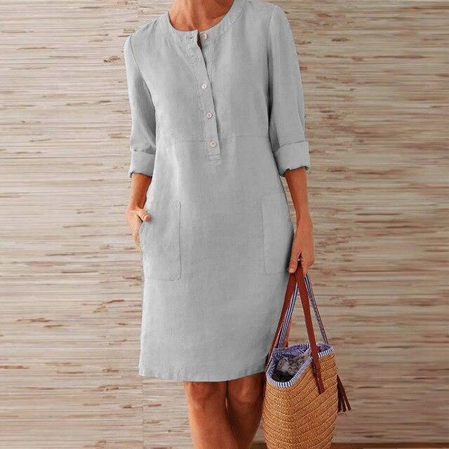 W&W Mode | Geknöpftes Leinenkleid Mit Gerollten Manschetten Für Damen