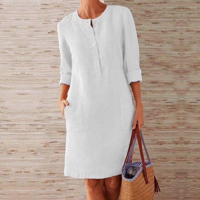 W&W Mode | Geknöpftes Leinenkleid Mit Gerollten Manschetten Für Damen