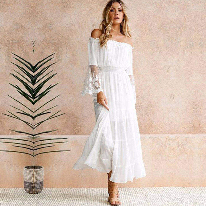 W&W Mode | Schulterfreies Weißes Spitzen Sommerkleid