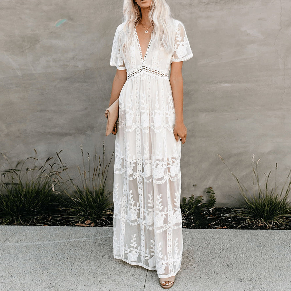W&W Mode | Maxikleid Aus Mesh Spitze Mit V-ausschnitt Sommer