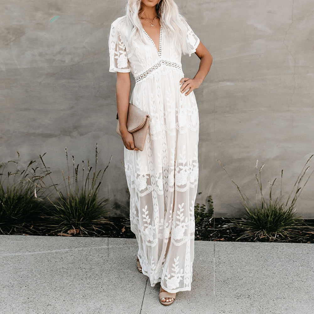 W&W Mode | Maxikleid Aus Mesh Spitze Mit V-ausschnitt Sommer