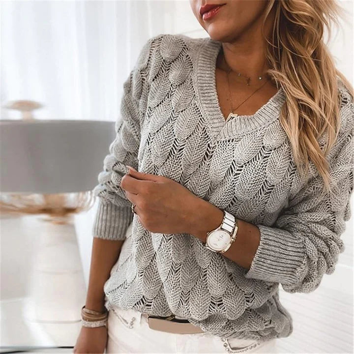 WW - Damen V-Ausschnitt Kabelstrickpullover