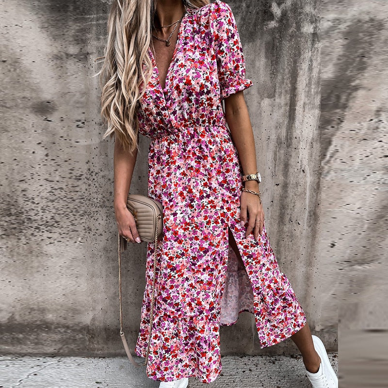 WW | Kukkaonni, lebhaftes blumiges Midi-Wickelkleid für einen strahlenden Frühling