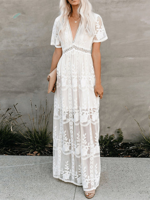 W&W Mode | Maxikleid Aus Mesh Spitze Mit V-ausschnitt Sommer