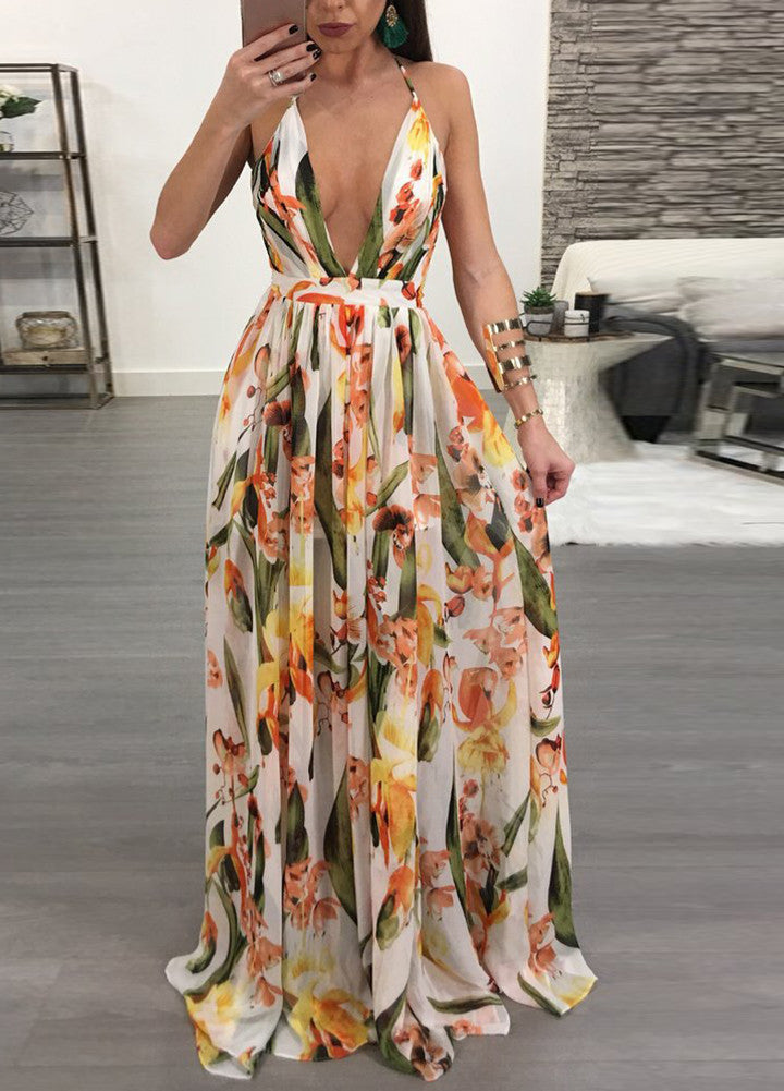 W&W Mode | Frauen Maxi Chiffon Blumen Print Plunge V-Ausschnitt Offener Rücken