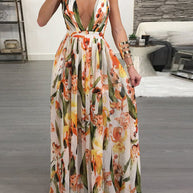 WW | Frauen Maxi Chiffon Blumen Print Plunge V-Ausschnitt Offener Rücken