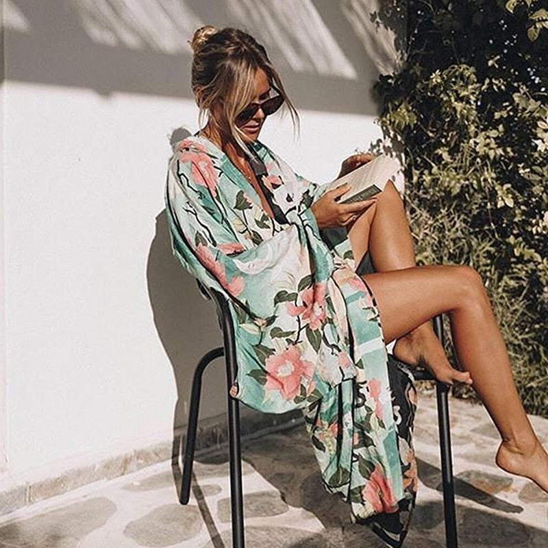 W&W Mode | Grüner Blumenprint Kimono Strickjacke