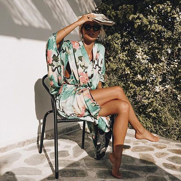 WW | Grüner Blumenprint Kimono Strickjacke