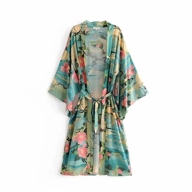 W&W Mode | Grüner Blumenprint Kimono Strickjacke