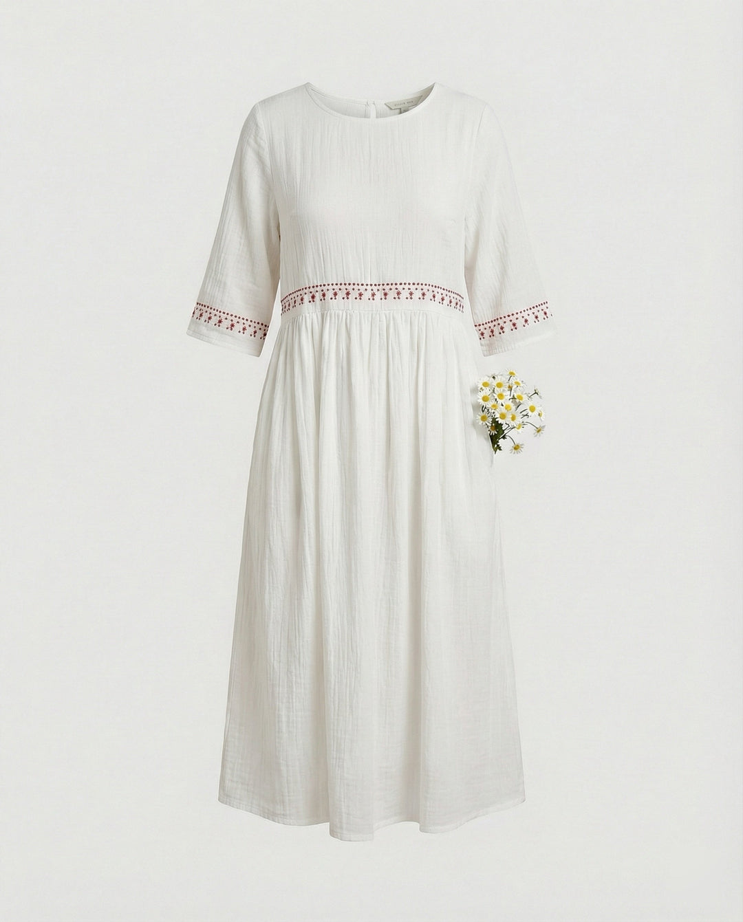 W&W Mode - Damen Besticktes Baumwoll-Leinen Kleid, Luftig & Locker Geschnitten