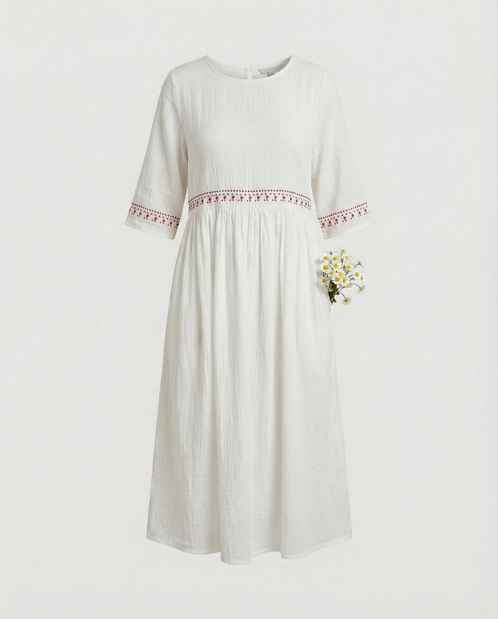 W&W Mode - Damen Besticktes Baumwoll-Leinen Kleid, Luftig & Locker Geschnitten