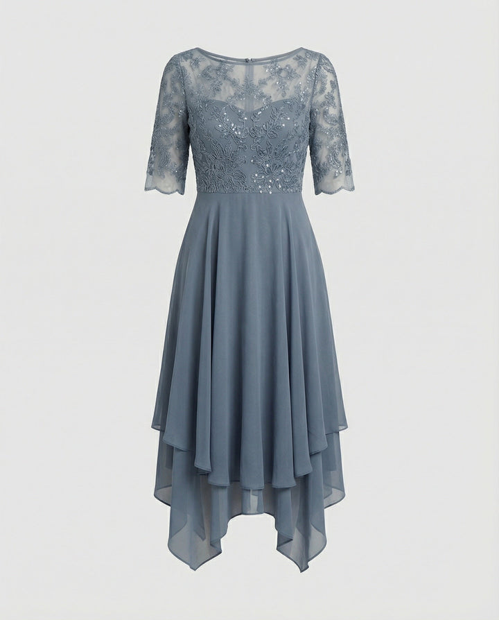 W&W Mode - Damen Elegantes Spitze Chiffon Midikleid, Fließend & Feminin Geschnitten