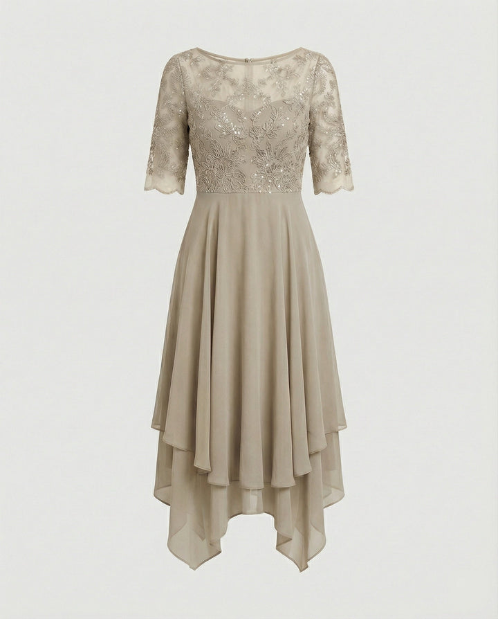 W&W Mode - Damen Elegantes Spitze Chiffon Midikleid, Fließend & Feminin Geschnitten