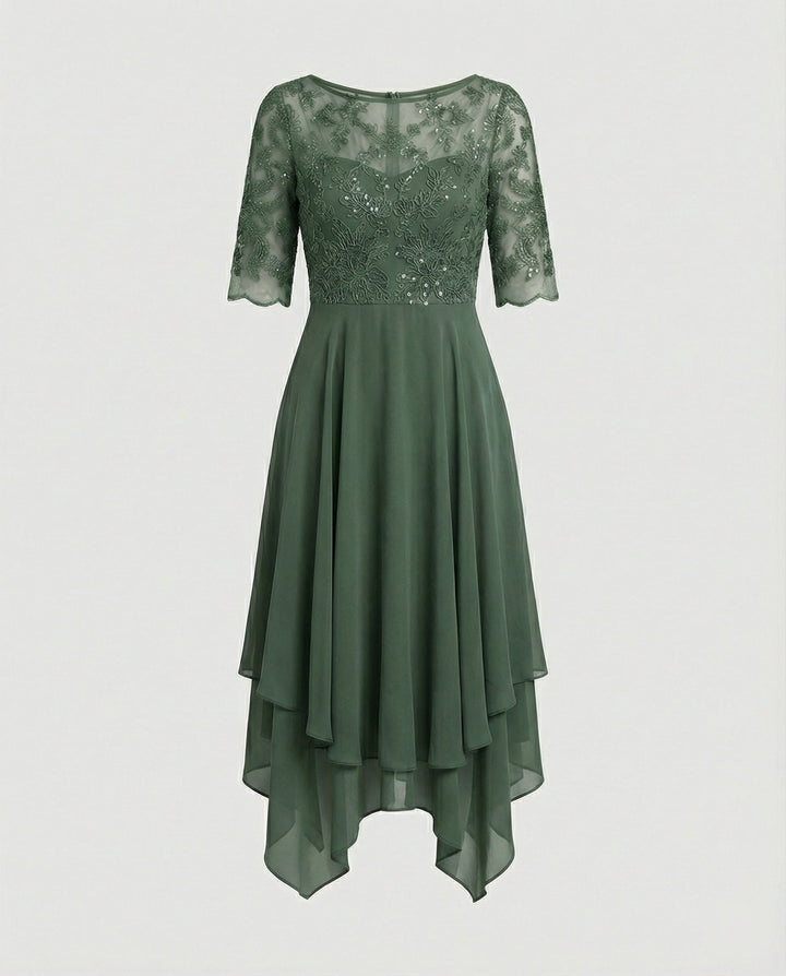 W&W Mode - Damen Elegantes Spitze Chiffon Midikleid, Fließend & Feminin Geschnitten