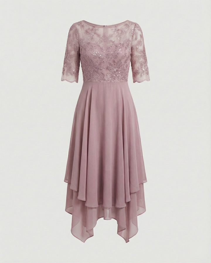 W&W Mode - Damen Elegantes Spitze Chiffon Midikleid, Fließend & Feminin Geschnitten