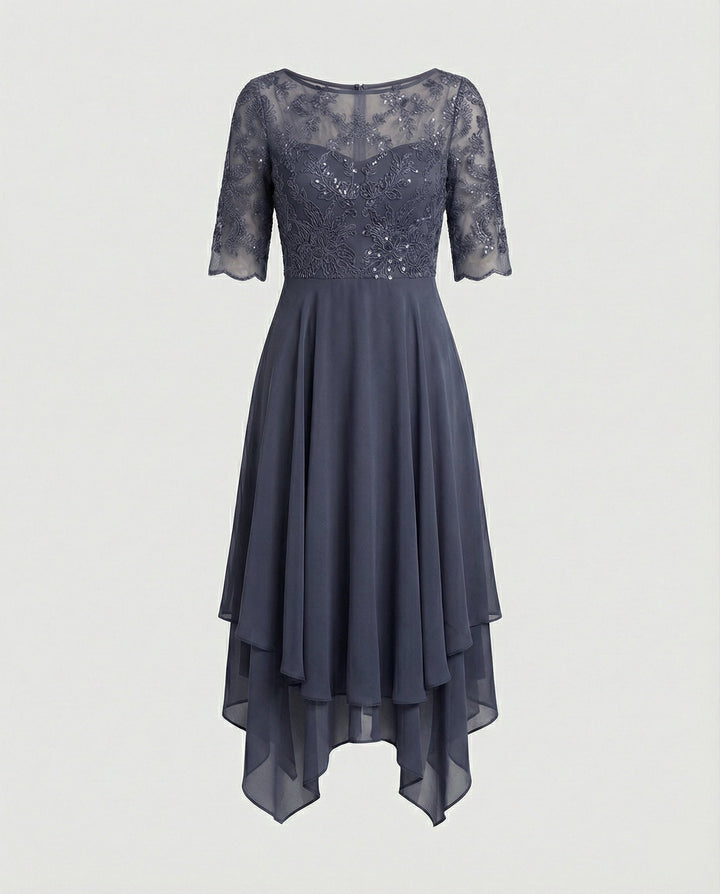 W&W Mode - Damen Elegantes Spitze Chiffon Midikleid, Fließend & Feminin Geschnitten