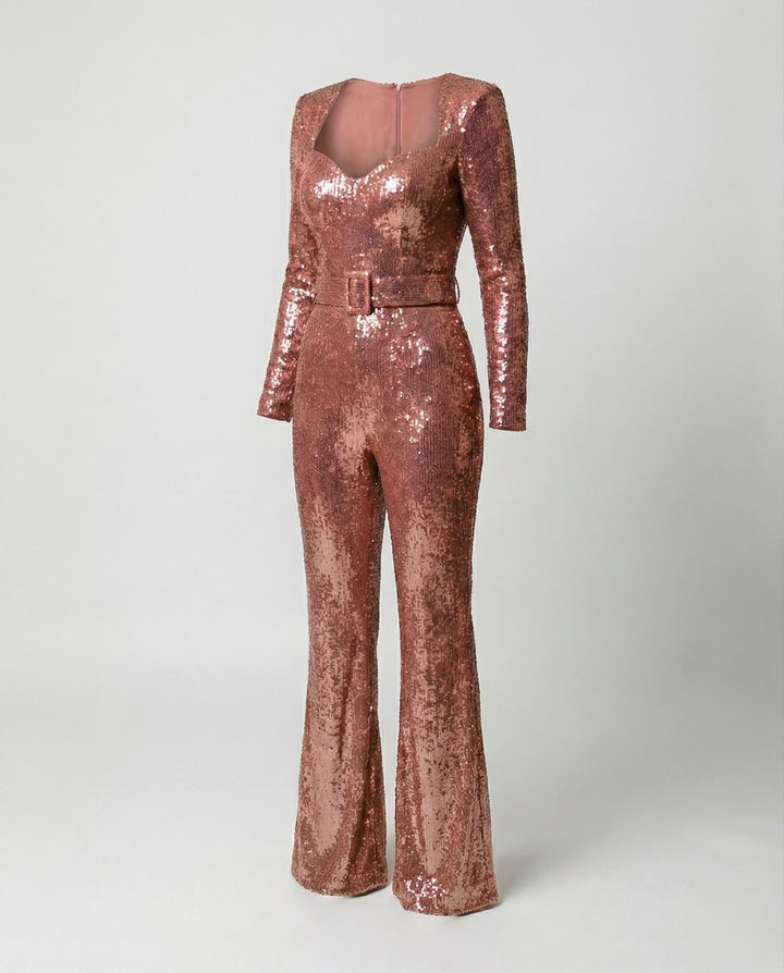 W&W Mode - Eleganter Pailletten Jumpsuit mit Langarm Figurbetonte Passform