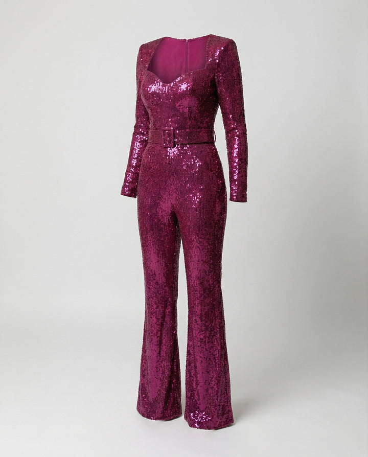 W&W Mode - Eleganter Pailletten Jumpsuit mit Langarm Figurbetonte Passform