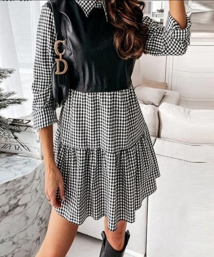WW | Puff Ärmel Ripp Shirt Patchwork Langarm Wickel A-Linie Mini Kleid