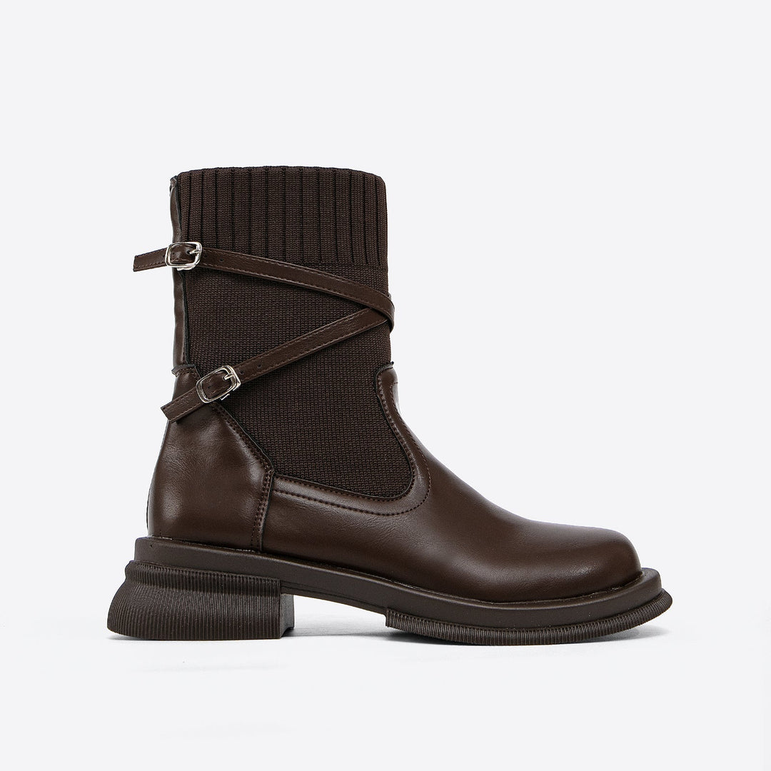 Braune Damen-Ankle-Boots mit Wickelriemen und hohem Absatz