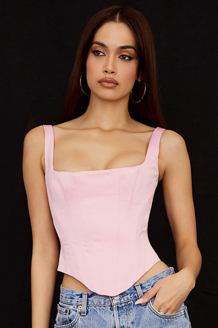 Longline-Korsett aus rosa Satin mit langen Ärmeln