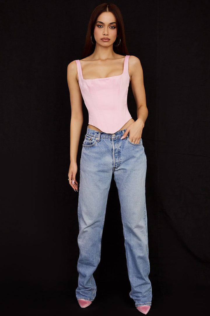 Longline-Korsett aus rosa Satin mit langen Ärmeln