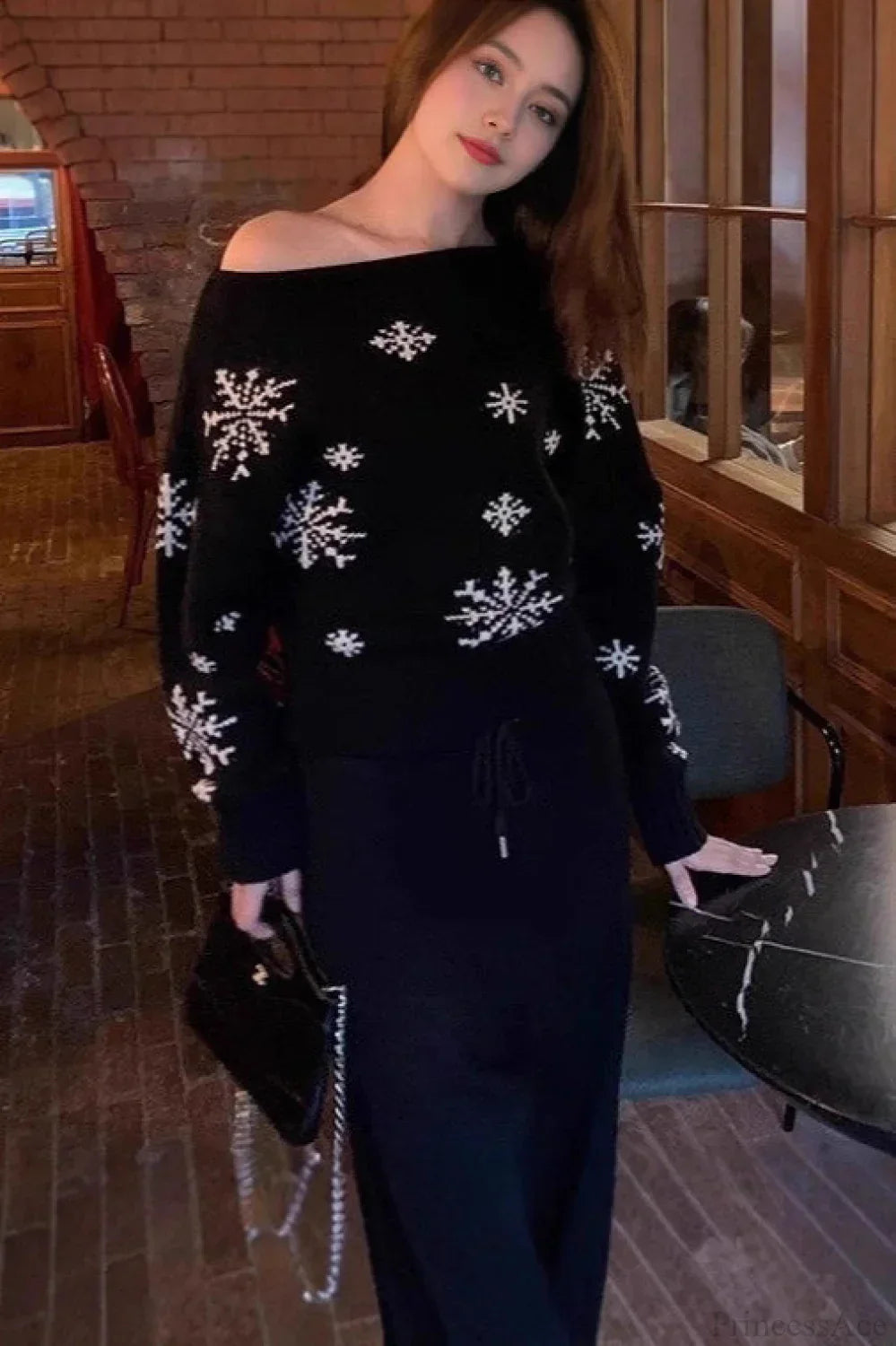 WW | Roter Schneeflocken Weihnachten Off Shoulder Pullover Sweater