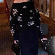 WW | Roter Schneeflocken Weihnachten Off Shoulder Pullover Sweater