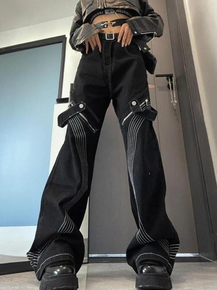WW | Retro Braune Stich Splice Reißverschluss Boyfriendjeans
