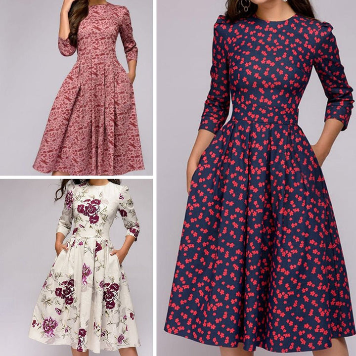 W&W Mode | Lässiges Mittellanges Kleid mit Rundhalsausschnitt Blumendruck und Taschen