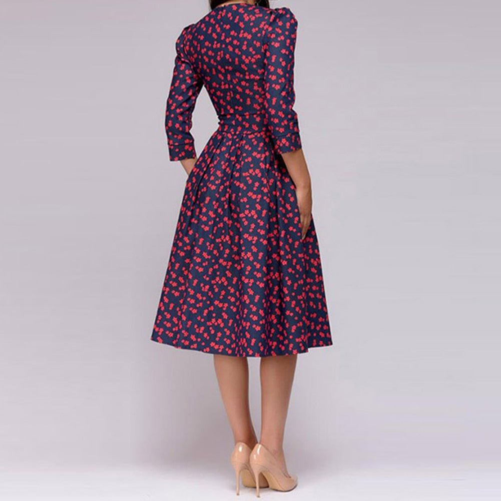 W&W Mode | Lässiges Mittellanges Kleid mit Rundhalsausschnitt Blumendruck und Taschen
