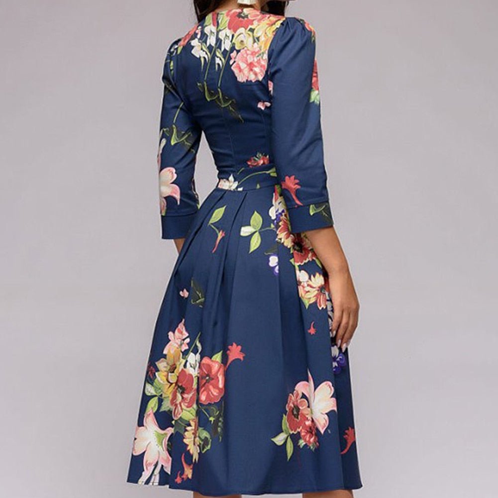 W&W Mode | Lässiges Mittellanges Kleid mit Rundhalsausschnitt Blumendruck und Taschen