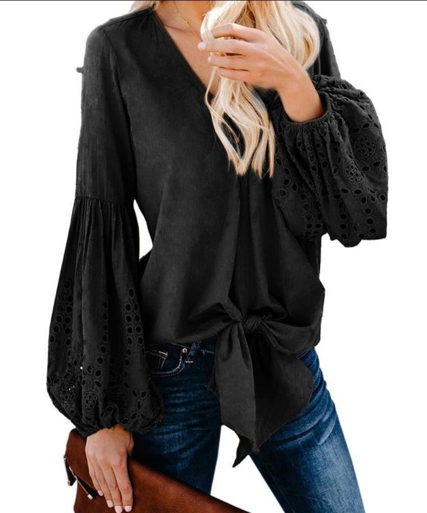 WW | Rhapsody Baumwolle Ballon Langarm Bindetop V-Ausschnitt Bluse