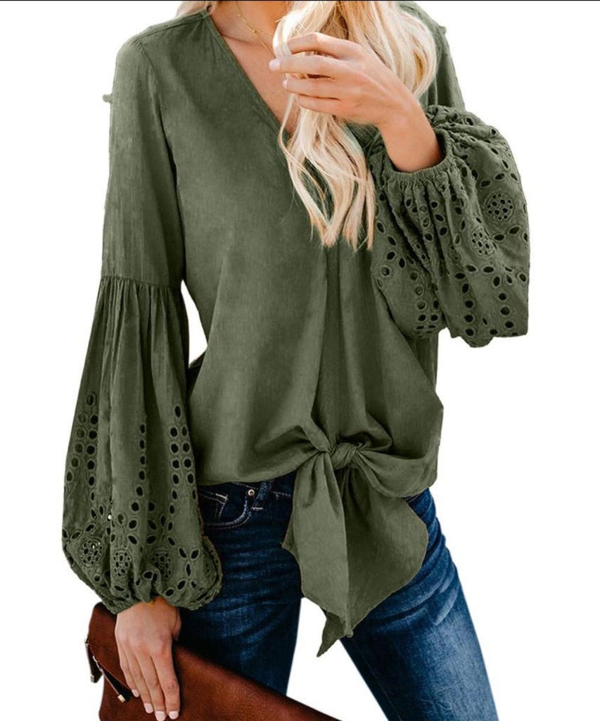 WW | Rhapsody Baumwolle Ballon Langarm Bindetop V-Ausschnitt Bluse