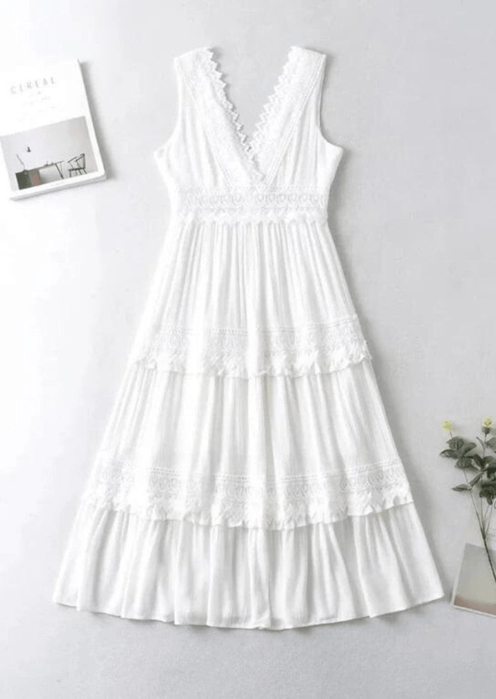 W&W Mode | Elegante Damen Maxi Kleid Mit Spitz V-Ausschnitt Weißes Kleid