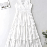 WW | Elegante Damen Maxi Kleid Mit Spitz V-Ausschnitt Weißes Kleid