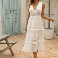WW | Elegante Damen Maxi Kleid Mit Spitz V-Ausschnitt Weißes Kleid