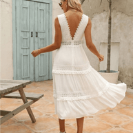 WW | Elegante Damen Maxi Kleid Mit Spitz V-Ausschnitt Weißes Kleid