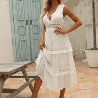 WW | Elegante Damen Maxi Kleid Mit Spitz V-Ausschnitt Weißes Kleid