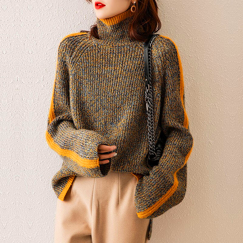 W&W Mode Sweater | Eleganter, übergroßer Rollkragenpullover mit orangefarbenem Streifen für Damen