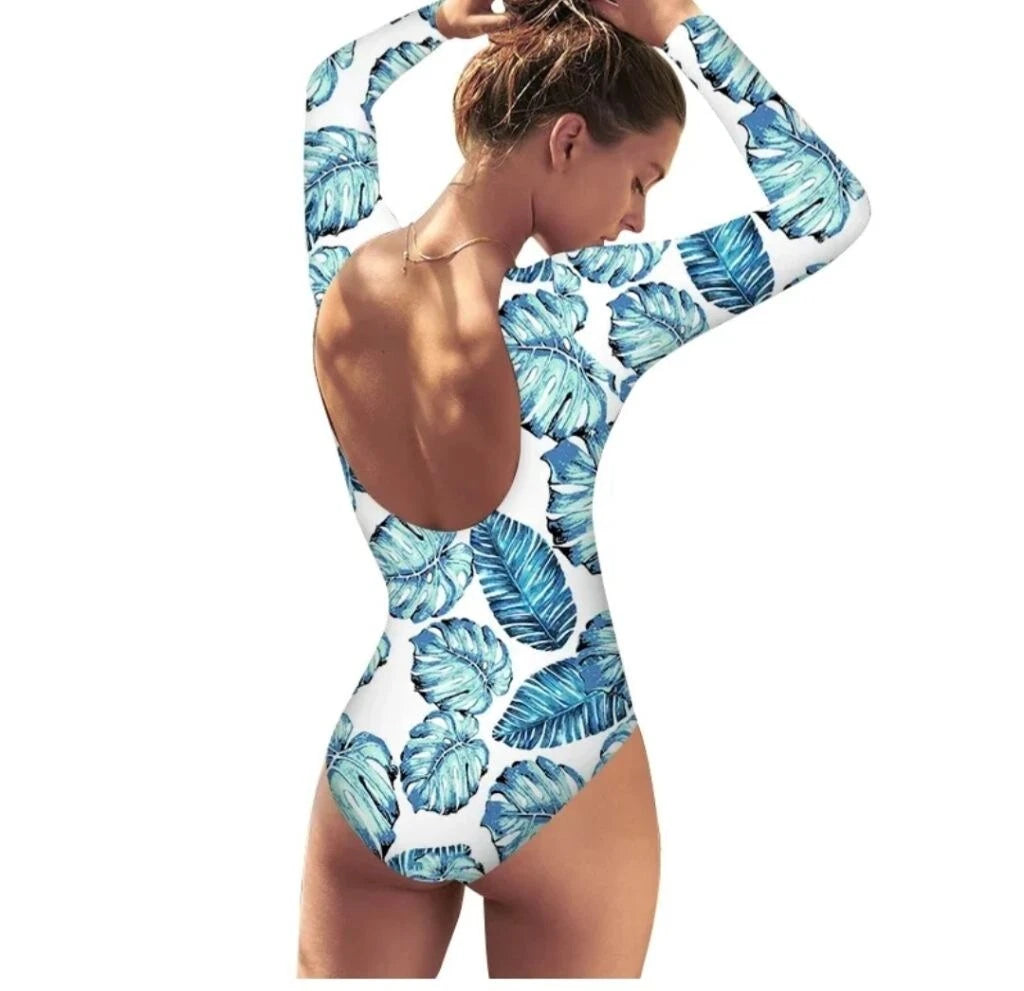 WW | Tropisches Blattmuster Langarm Offene Rücken Rash Guard Einteiler Badeanzug