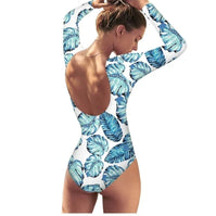 WW | Tropisches Blattmuster Langarm Offene Rücken Rash Guard Einteiler Badeanzug