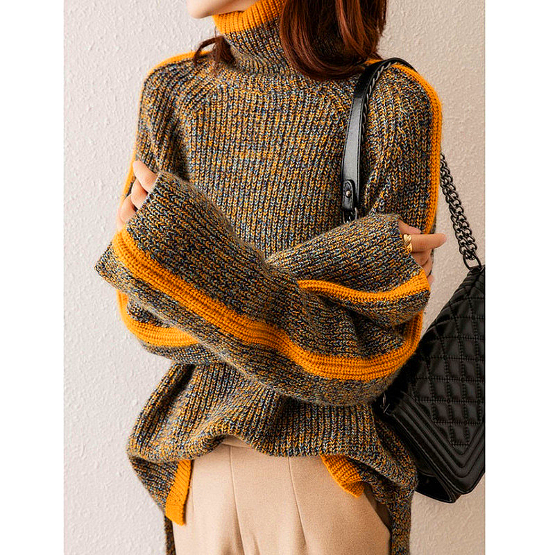 W&W Mode Sweater | Eleganter, übergroßer Rollkragenpullover mit orangefarbenem Streifen für Damen