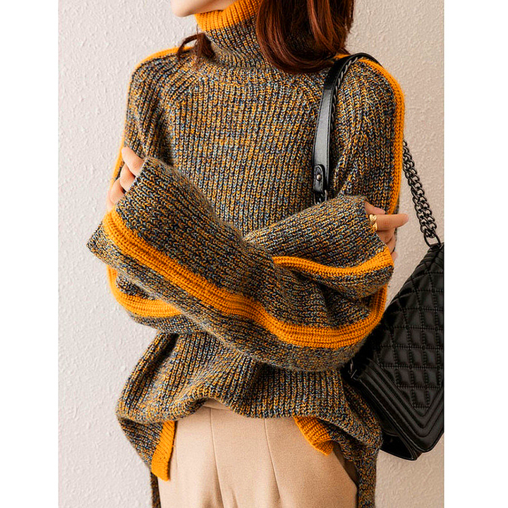 W&W Mode Sweater | Eleganter, übergroßer Rollkragenpullover mit orangefarbenem Streifen für Damen