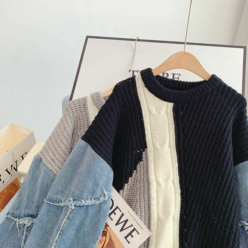 WW | Patchwork-Pullover mit Denim-Ärmeln