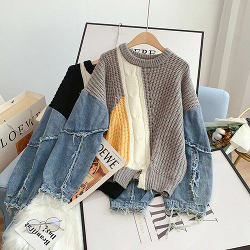 WW | Patchwork-Pullover mit Denim-Ärmeln